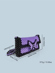 Handmade beaded butterfly crossbody bag in purple and black with size dimensions