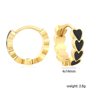 Gold heart huggie hoop earrings with black enamel detail, size 4x14mm weighing 2.8g