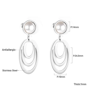 Detailed view of gold plated stainless steel geometric earrings with pearl inlay measurements