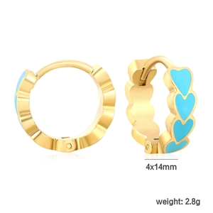 Close-up detail of 4x14mm heart hoop earrings in gold finish with blue enamel