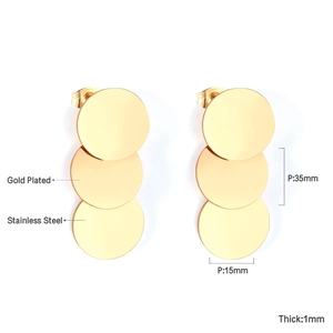Detailed view of triple-layered round gold-plated stainless steel earrings with dimensions