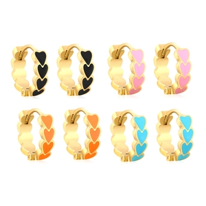 Set of four colorful enamel heart earrings in black pink orange and sky blue