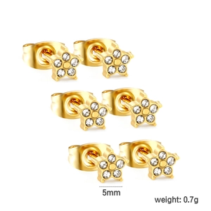 5mm gold star stud earrings with white rhinestones in stainless steel, set of 3 pairs