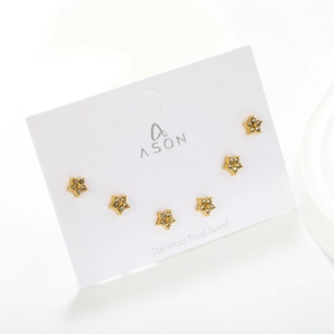 Three pairs of 18K gold plated stainless steel star stud earrings with pavé zircons