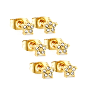 Three pairs of 18K gold plated star stud earrings with sparkly zircon stones