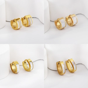 Boucles D'oreilles Créoles Huggie Acier Inoxydable Plaqué Or Nacre Blanche Émail Noir Géométrique Charnière Bijoux Femme