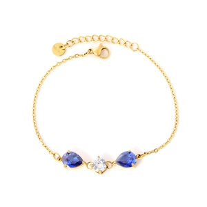 Elegant 18K gold plated stainless steel bracelet with blue and white zircon teardrops