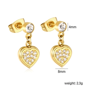 Detail of 8mm gold heart drop earrings with 4mm cubic zirconia studs on white background