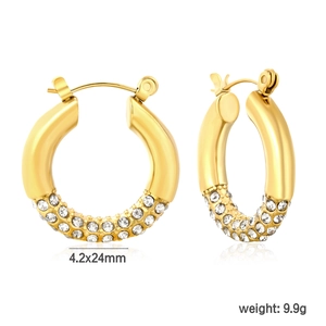 Detailed view of 24mm gold plated hoop earrings with dimensions and pave zircon stones