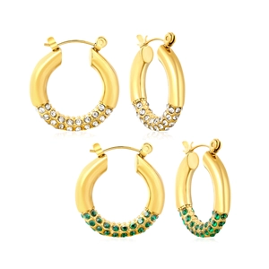 Vintage emerald and white crystal gold-plated stainless steel hoop earrings for women