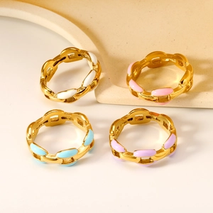 Bague Chaîne Évidée Acier Inoxydable Plaqué Or 18K Émail Coloré Bijoux Mode Géométriques Femmes Style INS