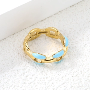 Bague chaîne en acier inoxydable plaqué or 18K avec finition émail bleu clair