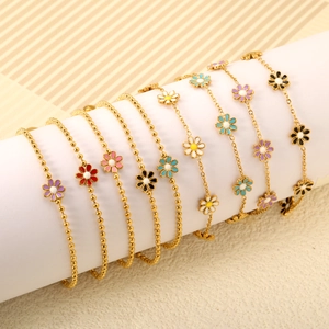 Daisy Flower Bracelet Stainless Steel 18K Gold Plated Enamel Floral Adjustable Chain Jewelry For Women Elegant