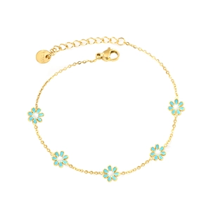 Gold-plated stainless steel bracelet featuring five blue and white daisy charms and lobster clasp