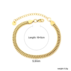 Detail view of 18k gold plated bracelet showing 19+5cm length and 5.3mm width measurements
