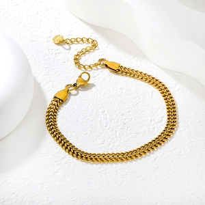 18K gold plated stainless steel wheat link chain bracelet with lobster clasp and tag