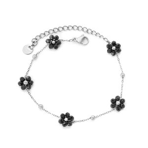 Bracelet minimaliste en acier inoxydable avec petites fleurs noires et fermoir mousqueton