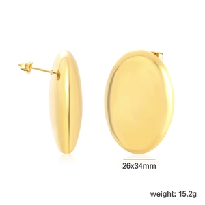 Polished gold oval stud earrings with 26x34mm dimensions and 15.2g weight measurement