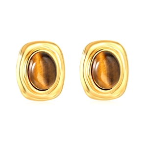 Retro gold plated earrings with oval tiger eye stones in a classic minimalist design