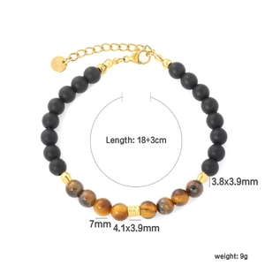 Detail view of tiger eye bead bracelet with gold lobster clasp and size dimensions