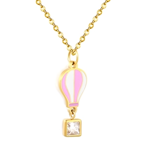 Collana dorata alla moda con pendente a mongolfiera in smalto rosa e zircone lucido