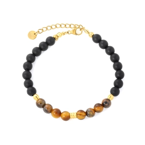 Bracciale in occhio di tigre e perle nere opache con ciondolo in acciaio inox dorato