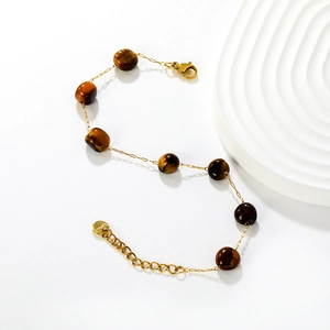 Tiger eye stone bead bracelet for women with gold stainless steel chain and lobster clasp
