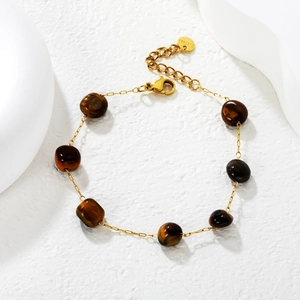 Tiger eye natural stone beaded bracelet with gold stainless steel chain and lobster clasp