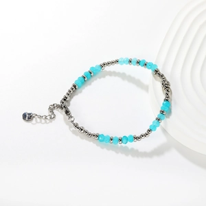 6mm sky blue stone beaded bracelet with silver accents and adjustable lobster clasp