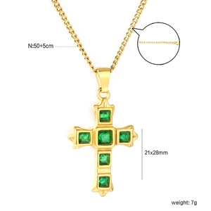 Detail of gold cross pendant with green gemstones and adjustable 50+5cm chain