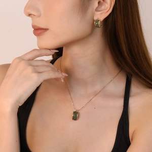 Stainless Steel Necklace And Earrings For Women 18K Gold Plated Rhinestone C-Shape Geometric Retro Luxury
