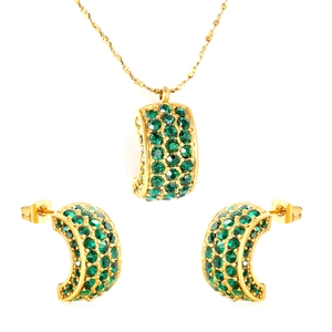 Luxurious 18K gold geometric C-shape jewelry set with green zircon necklace and earrings