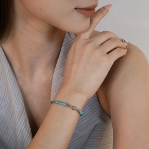 6mm light blue natural stone beaded bracelet with silver metal beads for couples