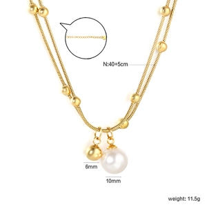 Detail of 18k gold plated double snake chain with pearl and gold bead pendants