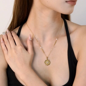 Collier Pendentif Tournesol Rayon De Soleil Acier Inoxydable 304 Avec Künstliche Perle Artificielle Bijoux Vintage Élégants Pour Femmes