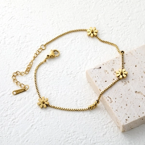Gold Flower Anklet Stainless Steel Box Chain Small Beads Adjustable Foot Jewelry For Women Minimalist Forest Style