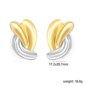 Détail de boucles d'oreilles feuilles abstraites bicolores or et argent avec dimensions
