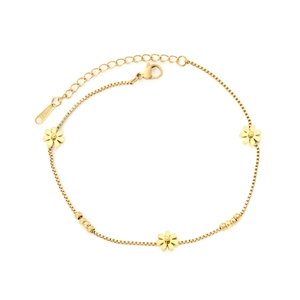 Gold-plated stainless steel anklet with seven-petal flower charms and box chain link