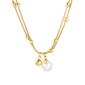 Double-layered gold stainless steel necklace with pearl pendant and metal beads