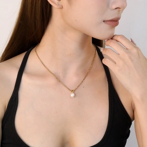 Elegant gold bead chain necklace with single white freshwater pearl for women
