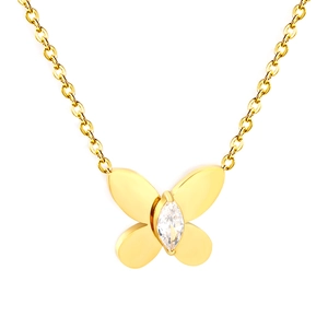 Polished 18K gold-plated stainless steel butterfly necklace with marquise-cut zircon pendant