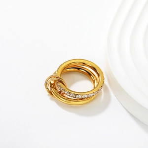 Chic 18k gold plated interlocking triple band ring with sparkling cubic zirconia accents