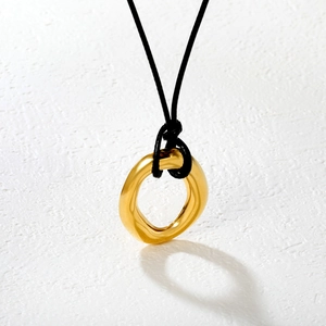 Minimalist 18K gold-plated irregular geometric circle pendant on black cord necklace
