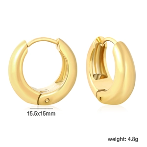 Detail of chunky gold hoop earrings with dimensions 15.5x15mm and polished finish