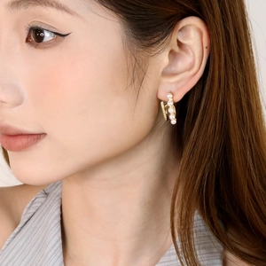 French style gold C-shape drop earrings with five white pearls and zircon accents
