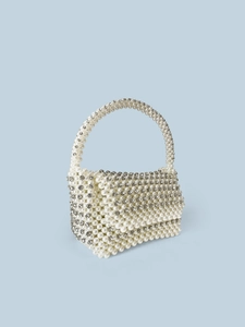 Handmade pearl and rhinestone evening handbag with vintage beaded top handle for women