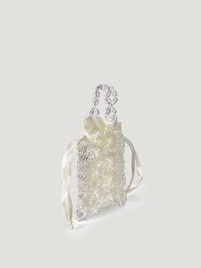 Handmade clear acrylic beaded flower handbag with pearls and cream satin drawstring pouch