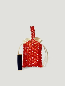 Handmade red floral acrylic bead mini bag with white pearl accents and silk drawstring