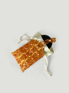 Handmade amber flower beaded handbag with ivory satin drawstring pouch inner bag