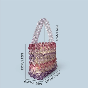 Detailed dimensions of handmade purple gradient beaded acrylic bag on blue background
